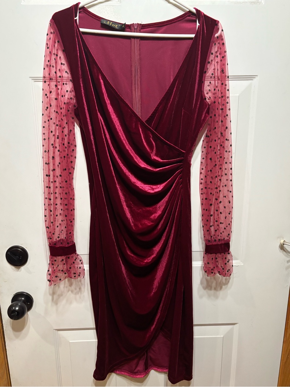 Elegant Burgundy Velvet Wrap Dress with Polka Dot Sleeves